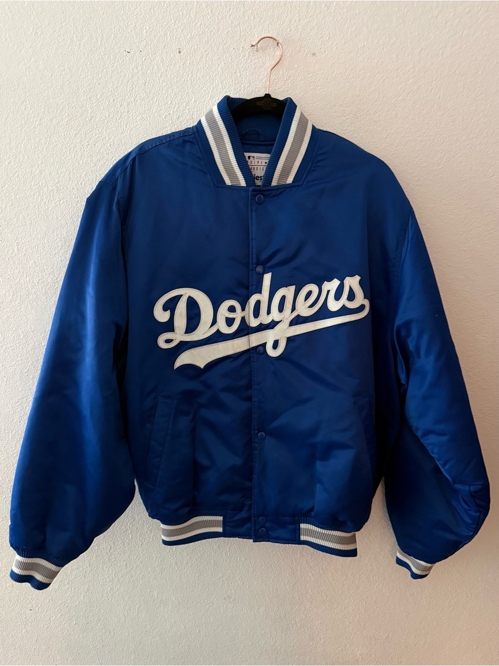Majestic Blue Dodgers Satin Puff Jacket with White Script